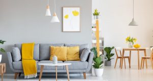 sofa with yellow pillows