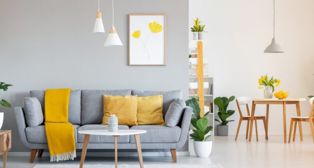 sofa with yellow pillows