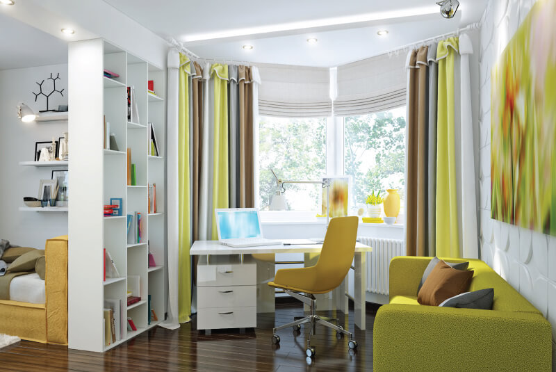 home office with a yellow chair and white desk
