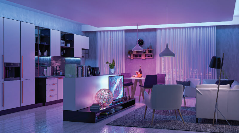 kitchen with neon coloured lights