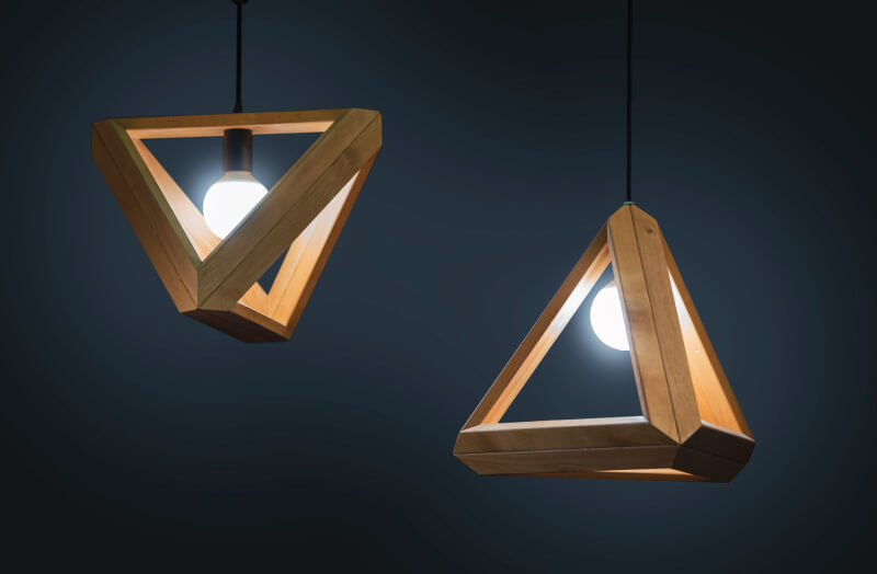 two pendant lamps with a wooden frame
