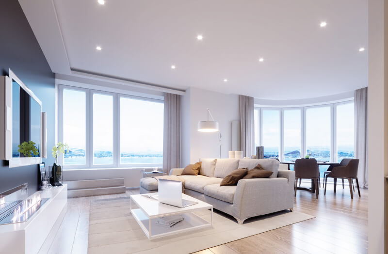 spacious living room with a grey sofa