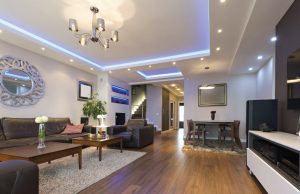 living room with wood floors and black sofa set