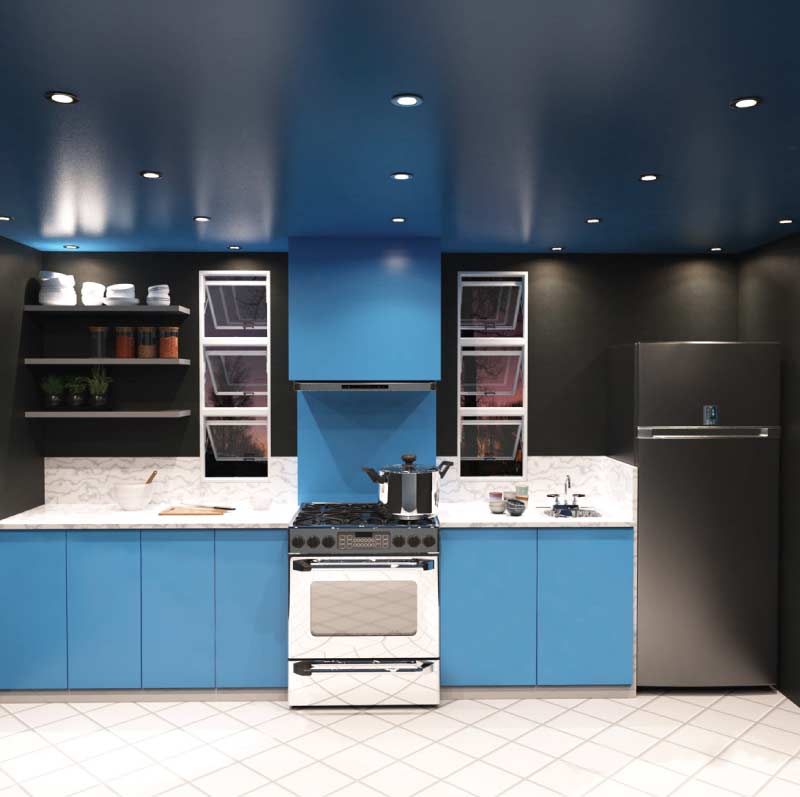 kitchen with blue cabinets