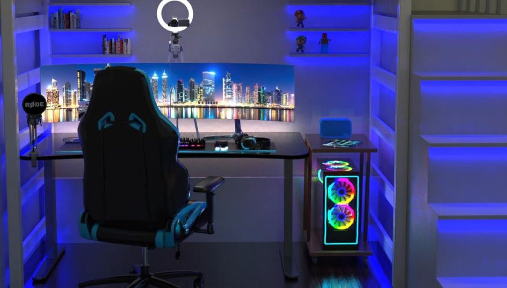 computer space with LED lights