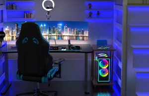 computer space with LED lights