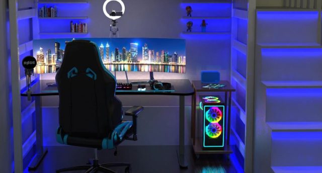 computer space with LED lights