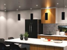 kitchen with black pendant lamps