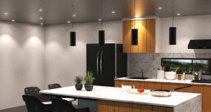 kitchen with black pendant lamps