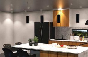 kitchen with black pendant lamps