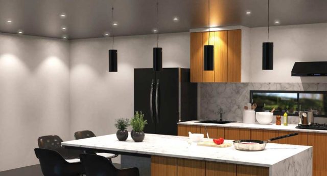 kitchen with black pendant lamps