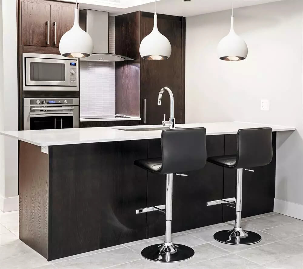 kitchen with white pendant lights