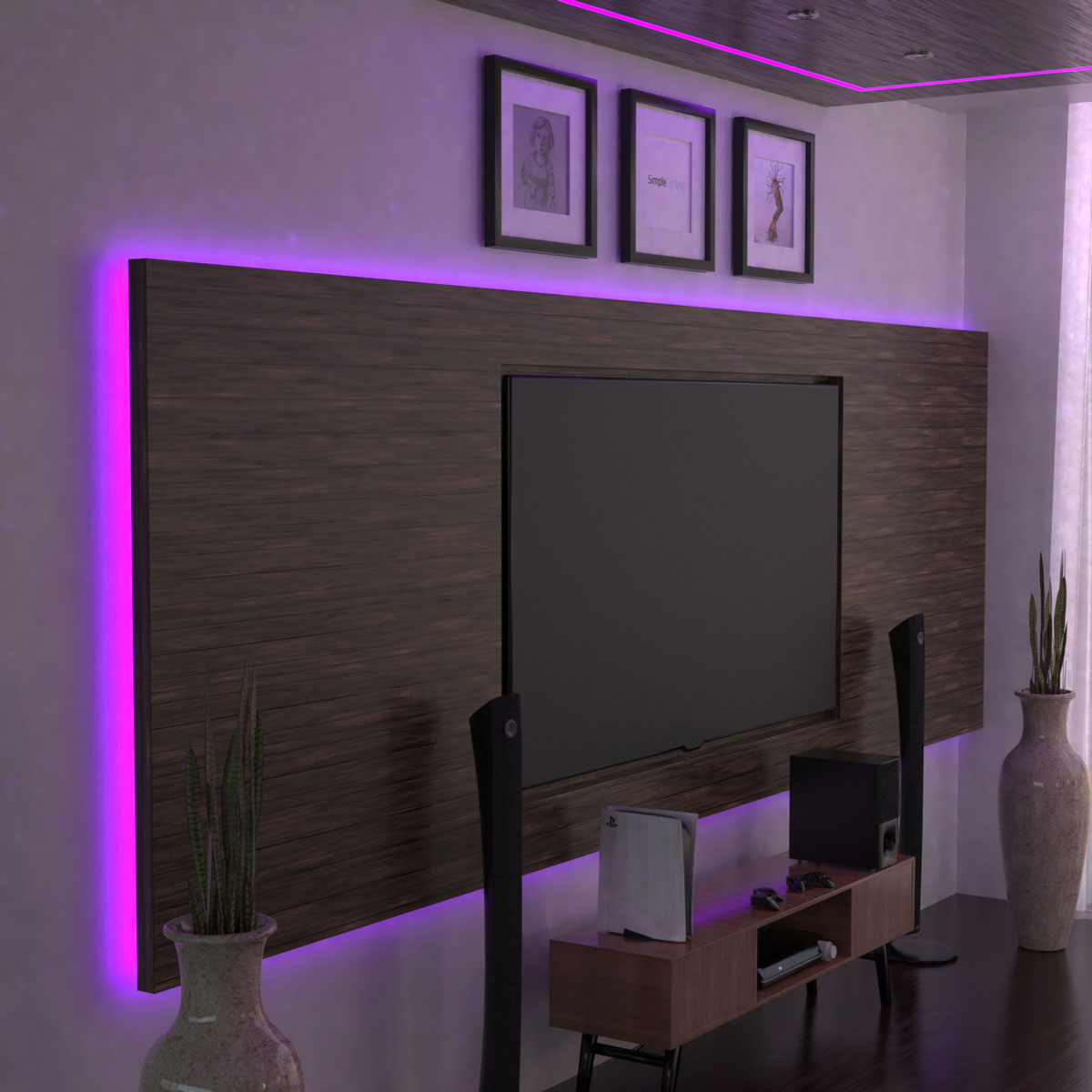 TV with LED purple LED strips at the back