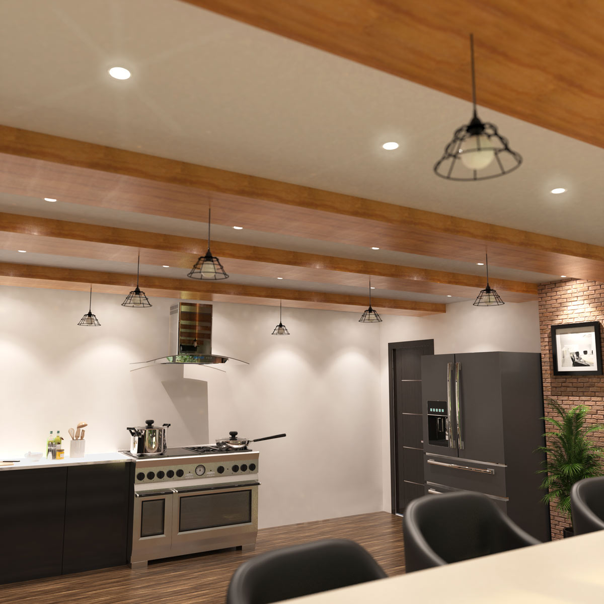 kitchen and dining room with wood ceiling beams