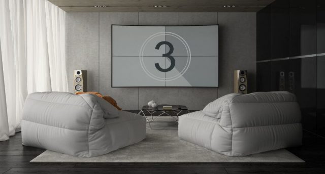 media room with grey bean bags