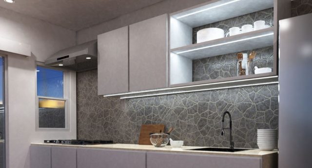 white LED strips on kitchen counter