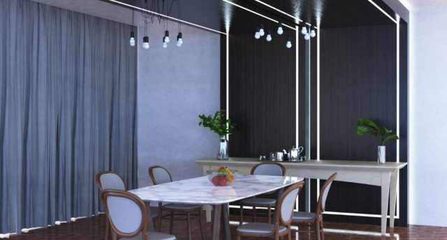 dining room with white LED strip lights