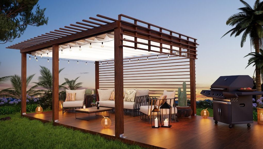 garden patio with lanterns and festoon lights