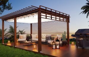 garden patio with lanterns and festoon lights