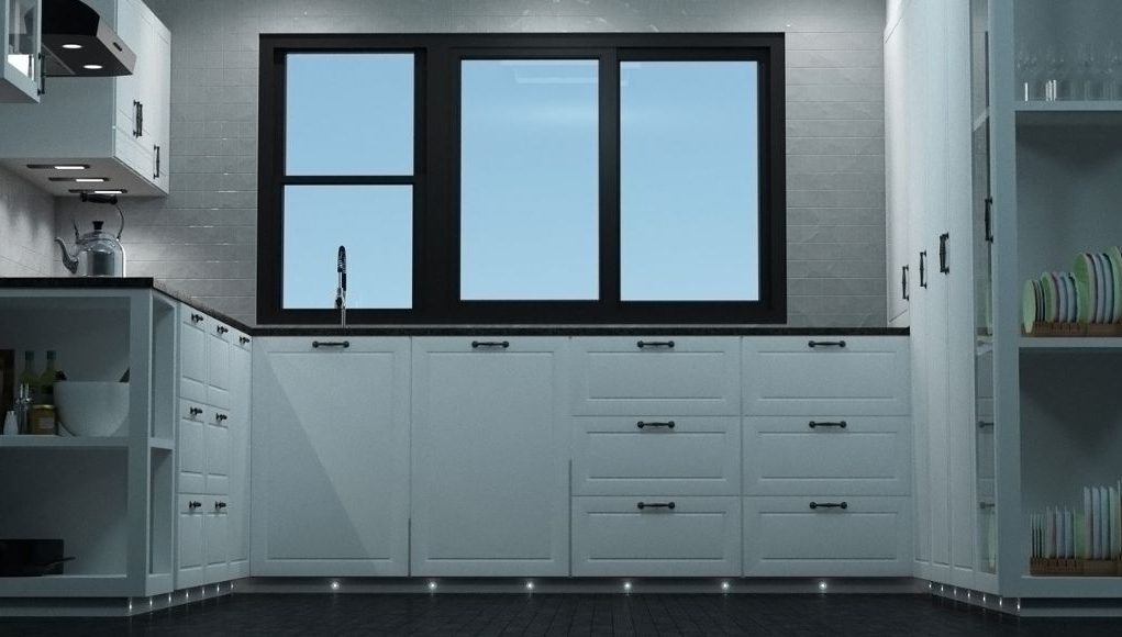 Kitchen with cool white plinth lights