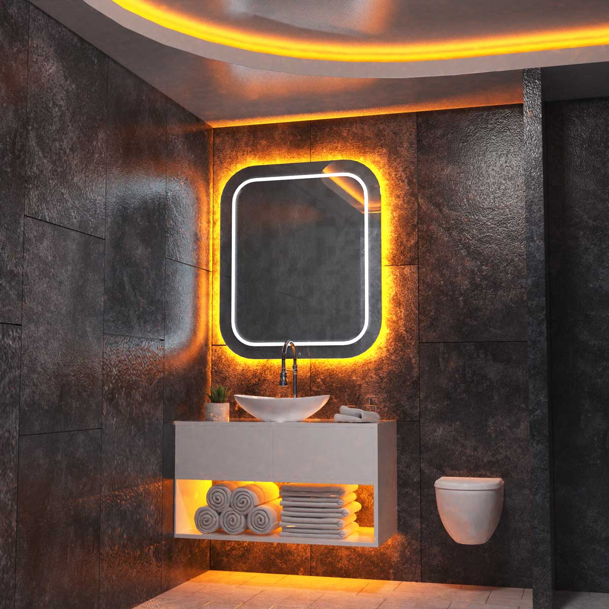 Bathroom with orange LED strip light