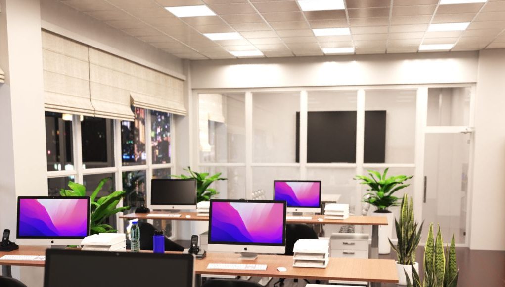 Office with warm white LED panel lights