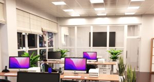 Office with warm white LED panel lights