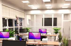Office with warm white LED panel lights