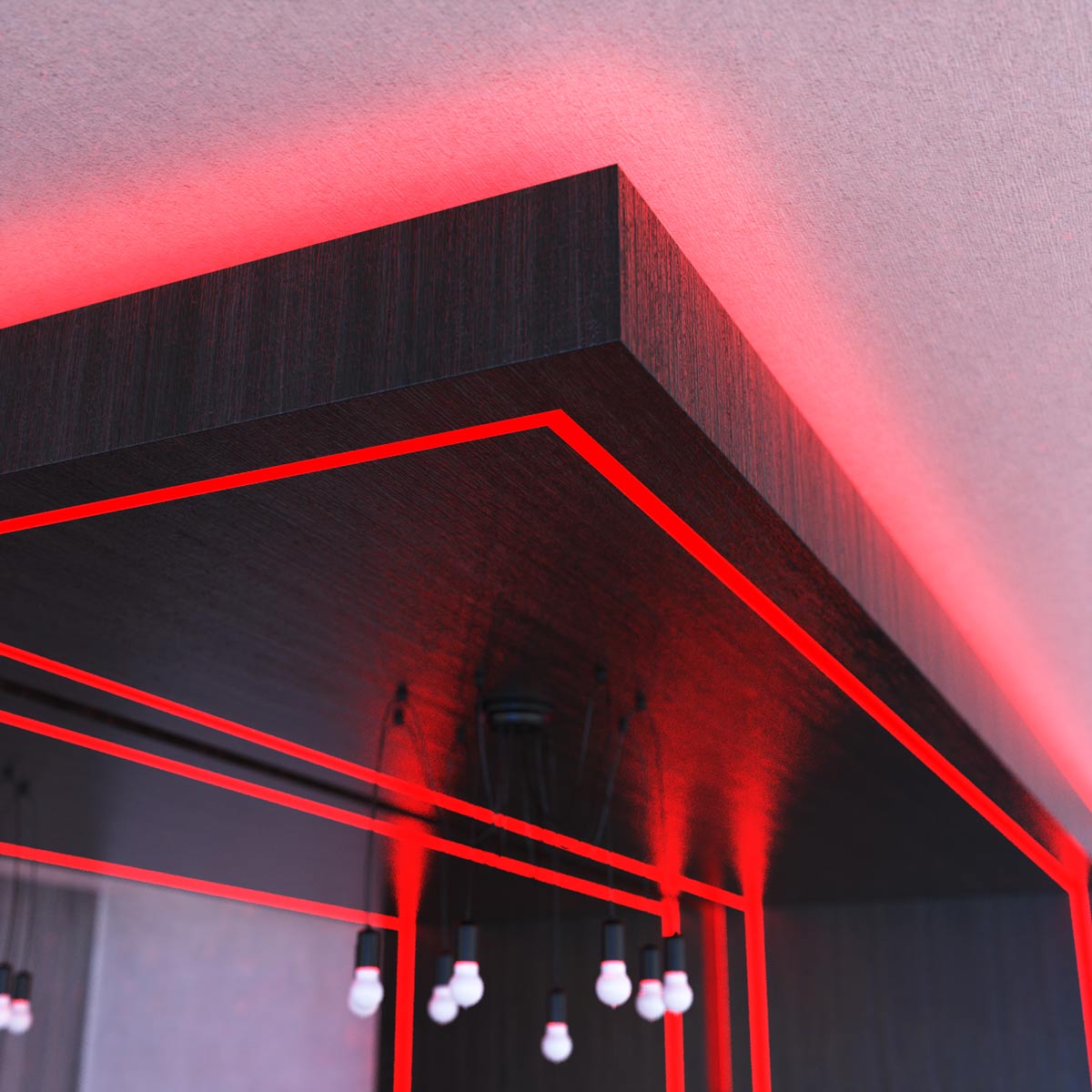 Red LED strip lights mounted in a restaurant