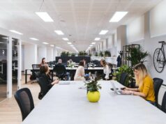 office with suspended LED panel lights