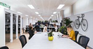 office with suspended LED panel lights