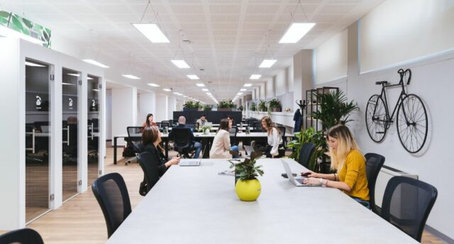 office with suspended LED panel lights