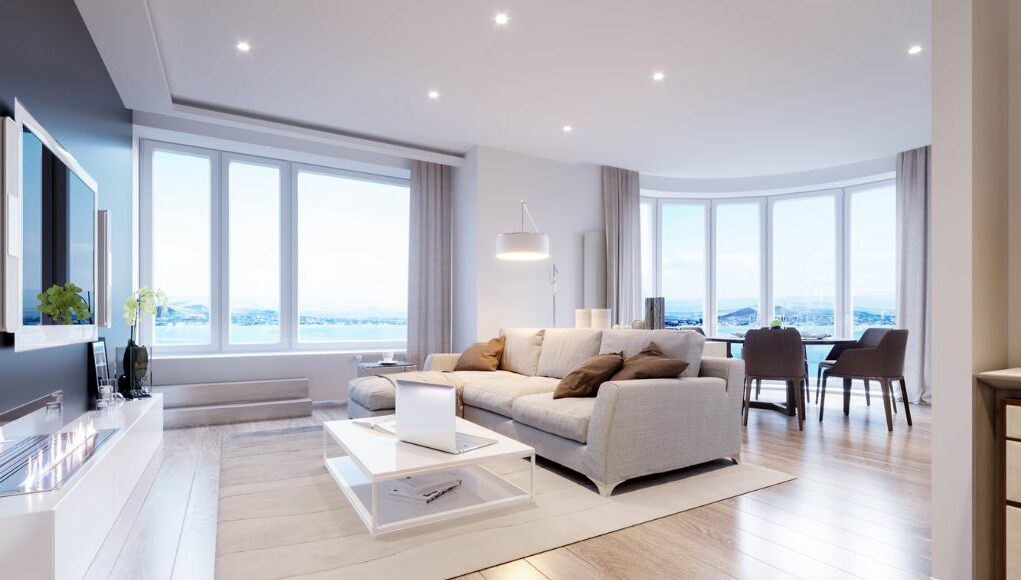 White dominant Living room with downlights