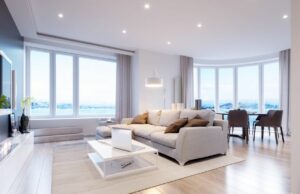 White dominant Living room with downlights