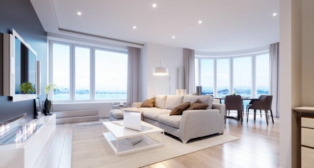 White dominant Living room with downlights