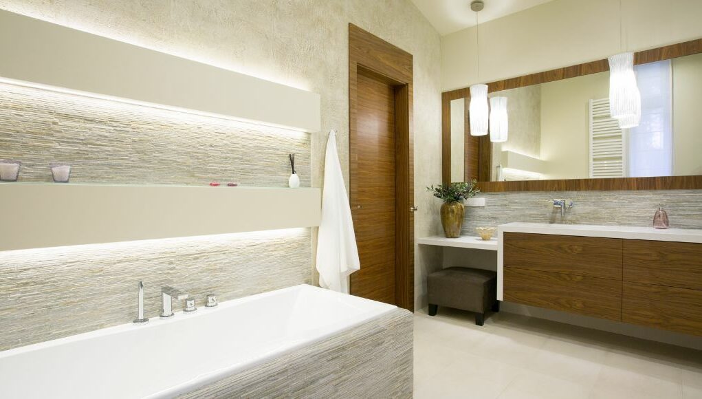 bathroom with white LED strip lights