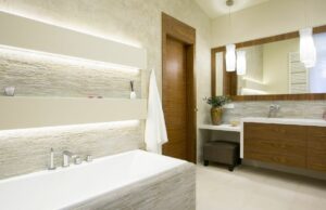 bathroom with white LED strip lights