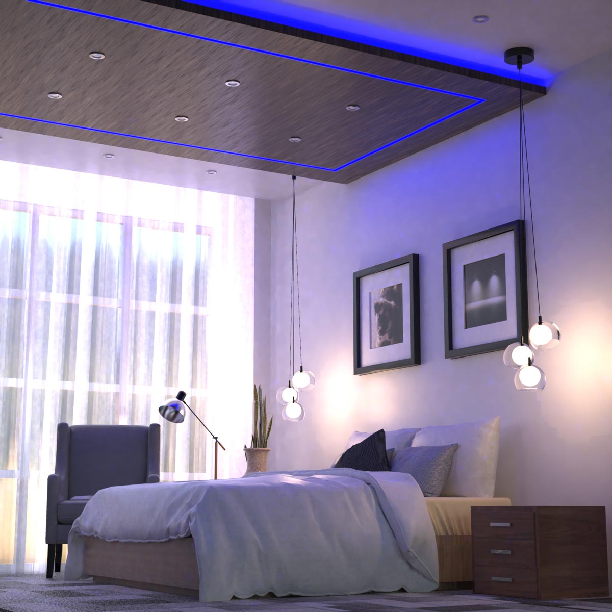 bedroom with blue strip lights