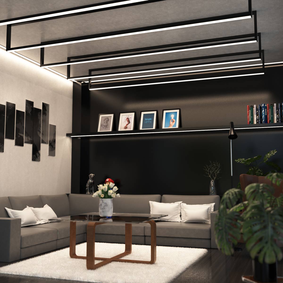 living room with LED strip lights
