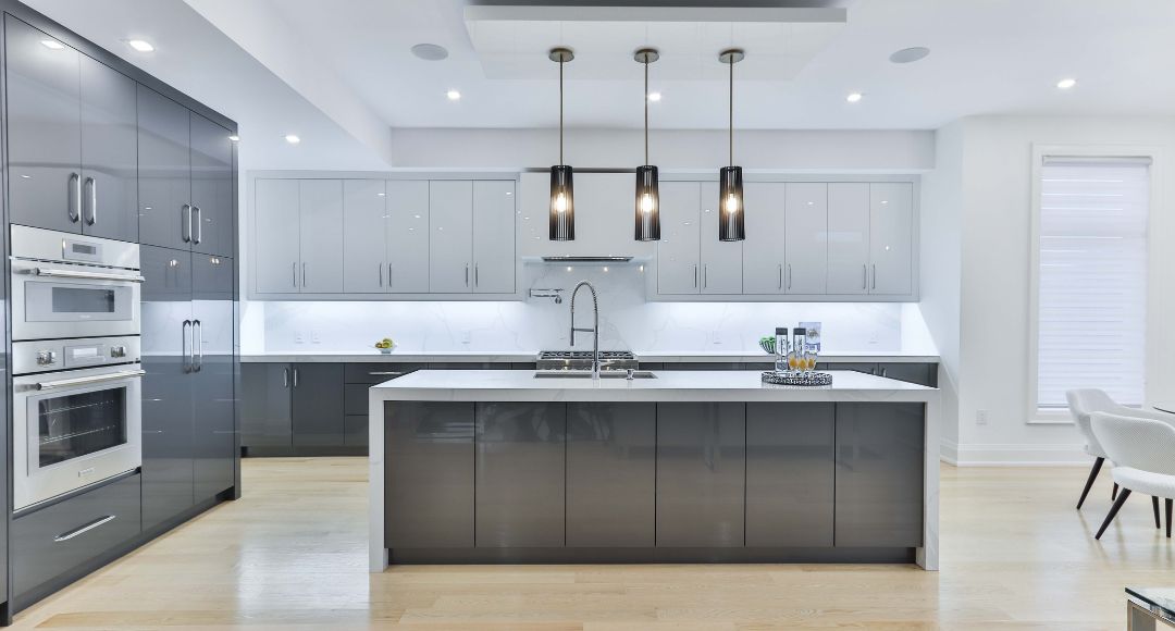 kitchen with gray kitchen island