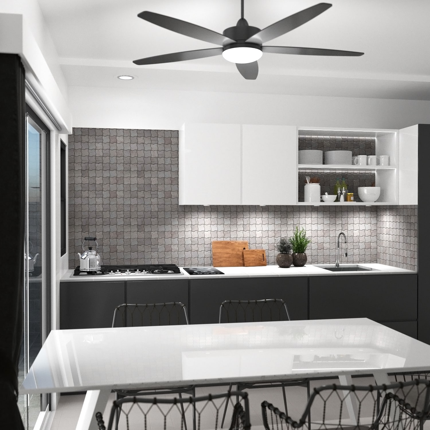 Kitchen with cool white LED under cabinet light