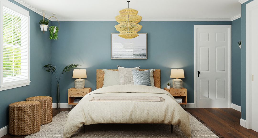 bedroom with bamboo pendant light