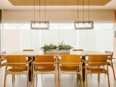 dining room with wood tones