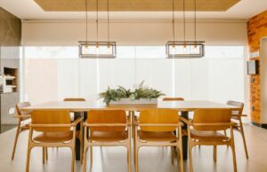 dining room with wood tones