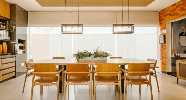 dining room with wood tones