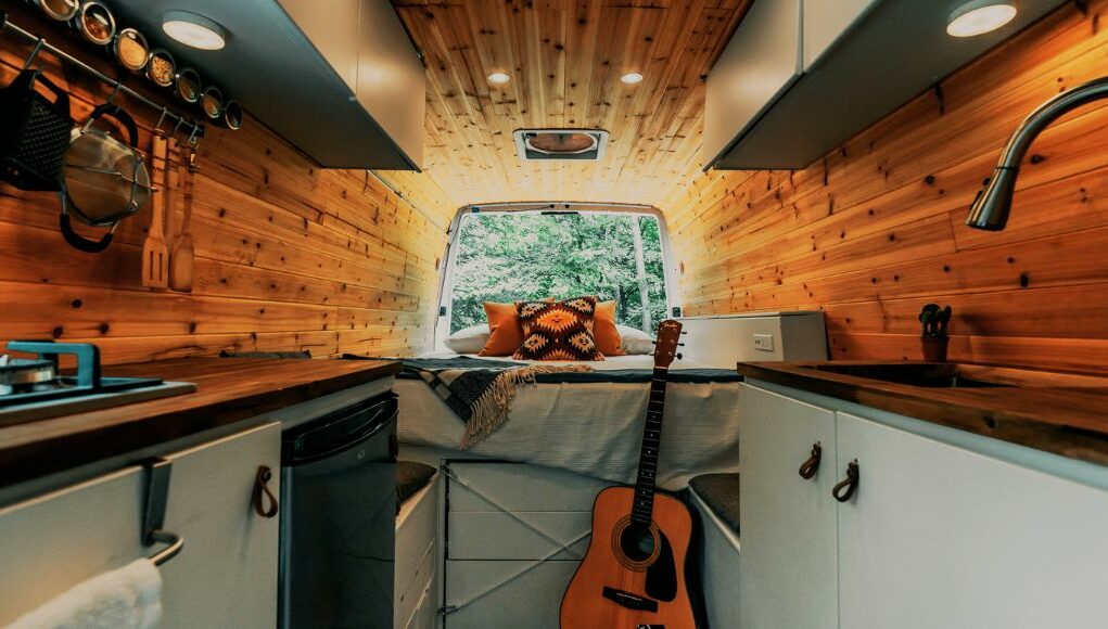 tiny home interior with wood ceilings