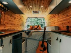 tiny home interior with wood ceilings