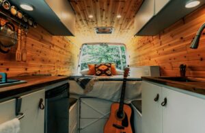 tiny home interior with wood ceilings