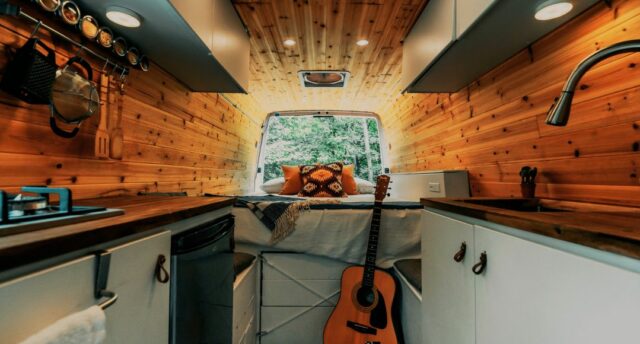 tiny home interior with wood ceilings
