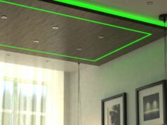 green LED strip on the ceiling